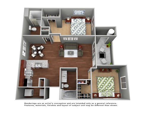 Floor plan for 2 beds, 2 baths, 1088 sqft